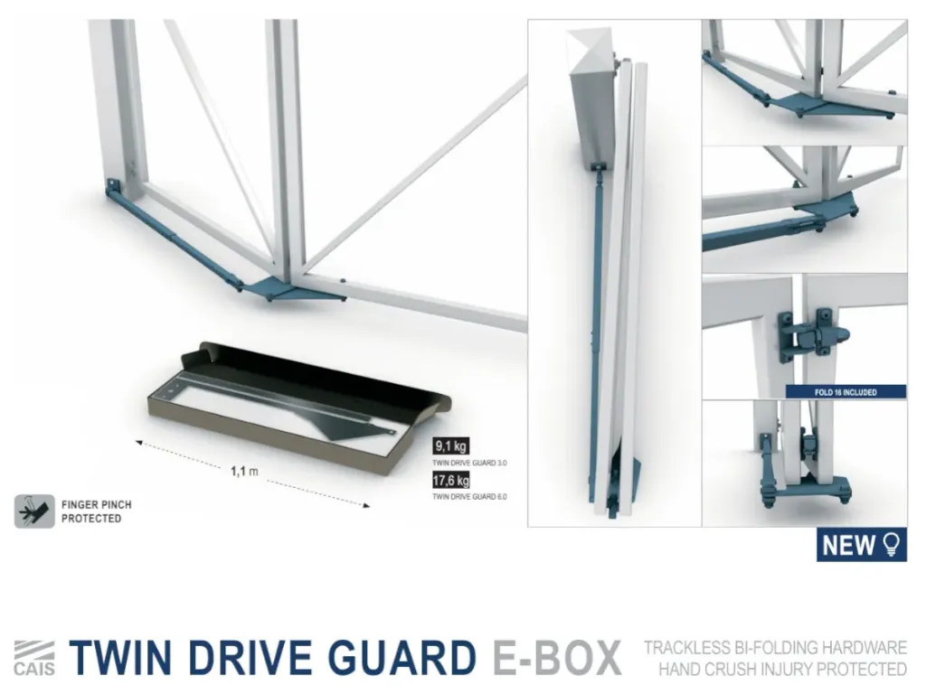 [TWIN DRIVE GUARD 3.0  E-BOX] Kit de charnières anti-pincement pour portail pliant à 1 vantail, jusqu'à 110 kg et 1,8 m de hauteur max.