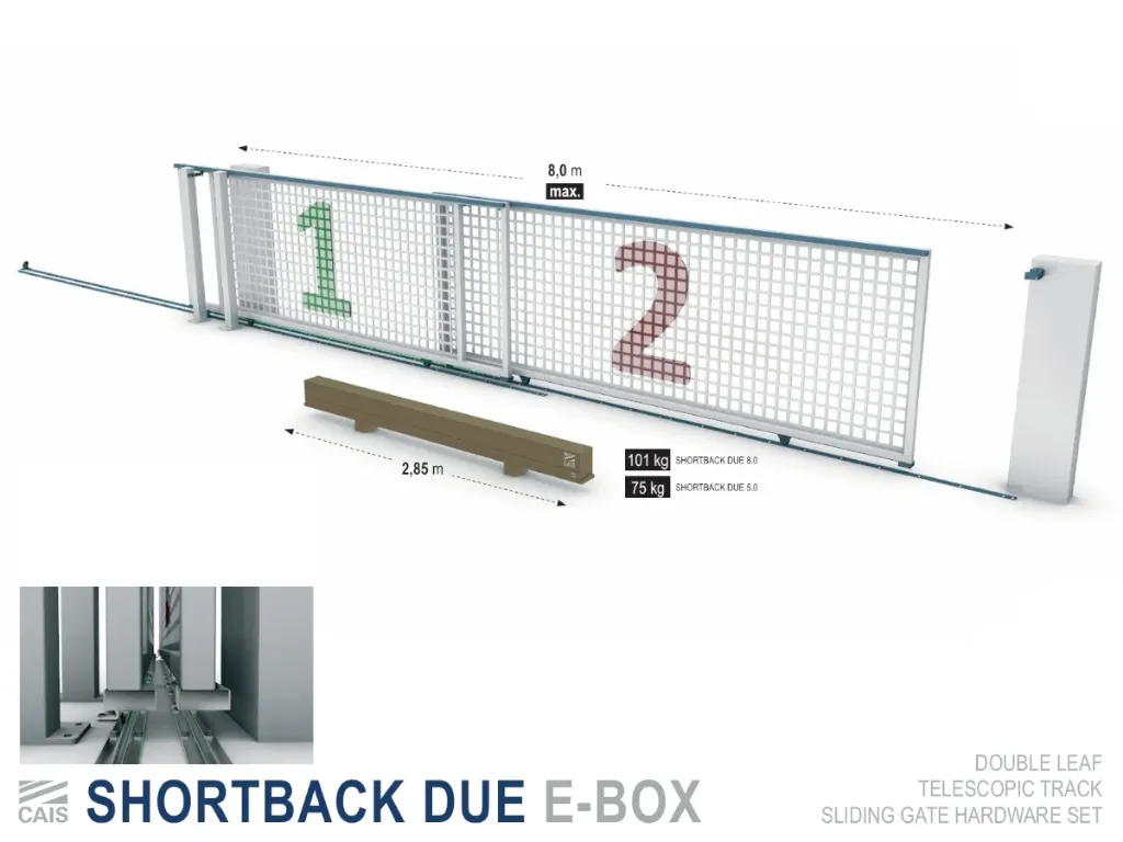[SHORTBACK DUE 8.0] Hardware set voor 2-voudig telescopische poort met rail - max. doorgang 8m