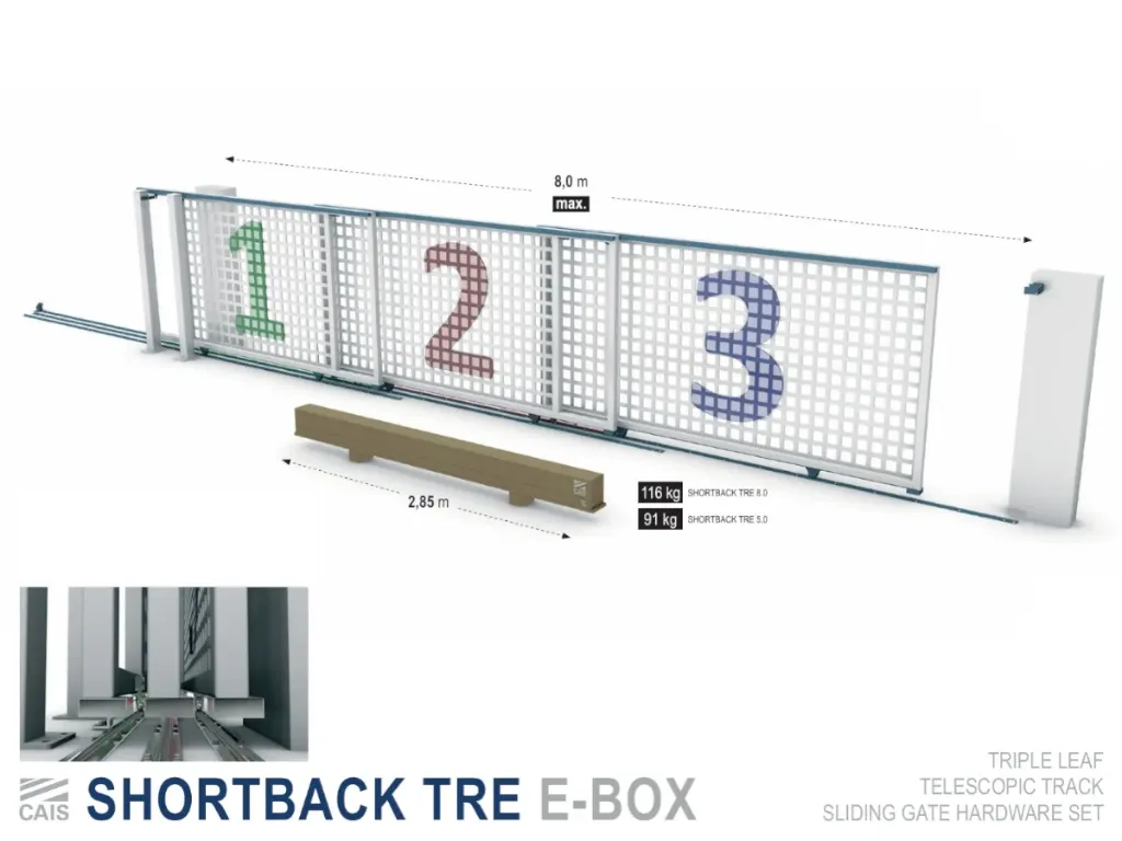 [SHORTBACK TRE 5.0] Hardware set voor 3-voudig telescopische poort met rail - max. doorgang 5m