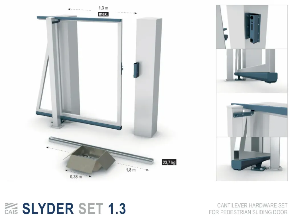 [SLYDER SET 1.3] Hardware set voor vrijdragende schuifpoort voor voetgangers, max. doorgang 1,2m