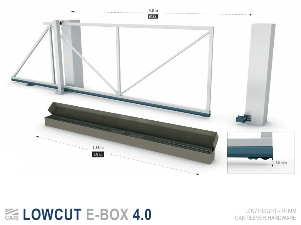 [LOWCUT E-BOX 4.0] Hardware set voor extra lage vrijdragende schuifpoort, tot 240Kg en 4m doorgang