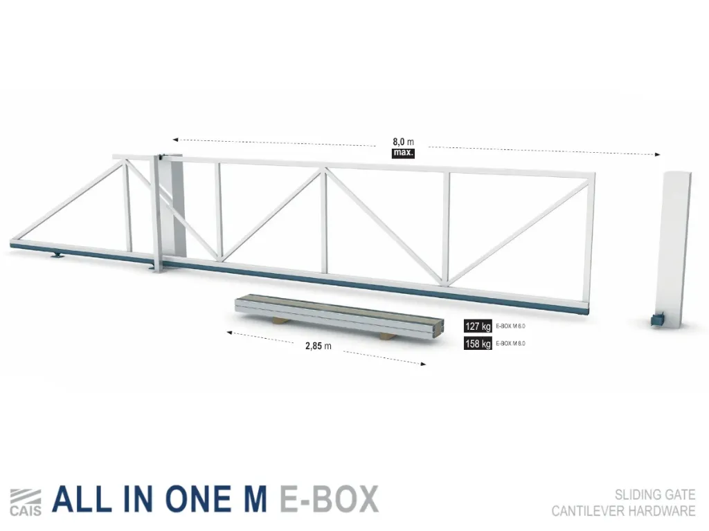 [E-BOX M6] hardware set vrijdragende schuifpoort, tot 700Kg en 6m doorgang