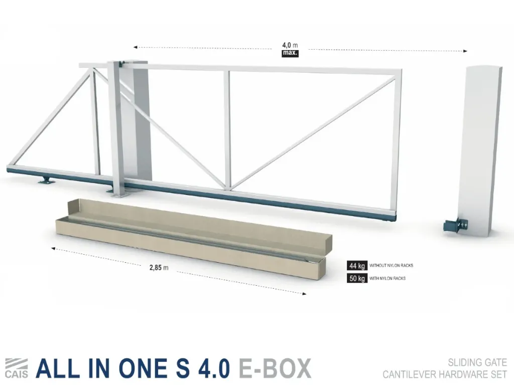 [E-BOX SE4.0] hardware set voor vrijdragende schuifpoort, tot 325Kg en 4m doorgang